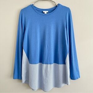 J. Jill Blue Pinstriped Modal Blend Long Lined Colorblock Blouse Size Medium